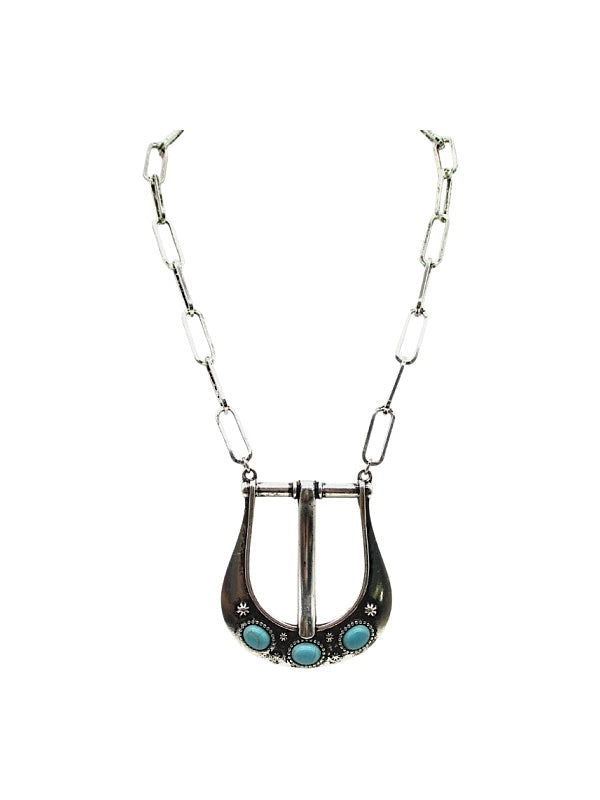 Western Large Belt Buckle Turquoise Look Necklace
