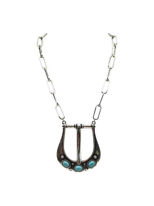Western Large Belt Buckle Turquoise Look Necklace