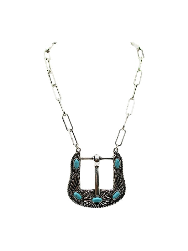 Western Large Belt Buckle Turquoise Look Necklace