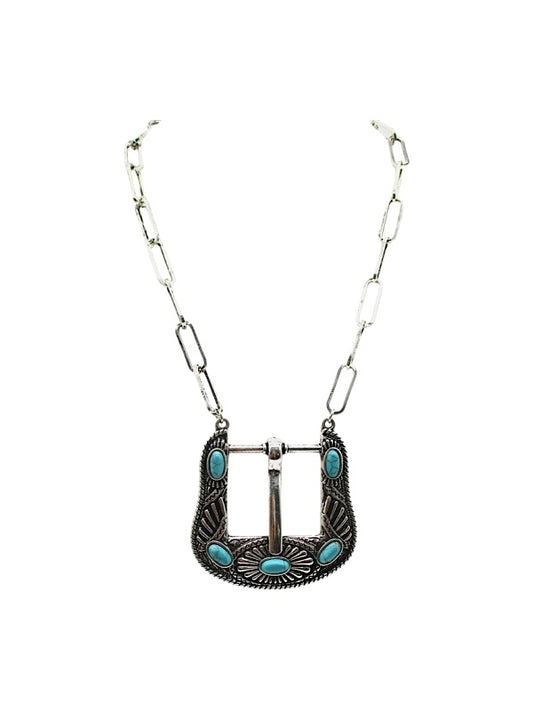 Western Large Belt Buckle Turquoise Look Necklace