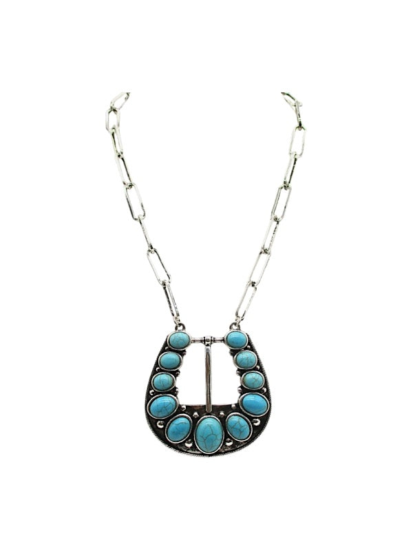 Western Large Belt Buckle Turquoise Look Necklace