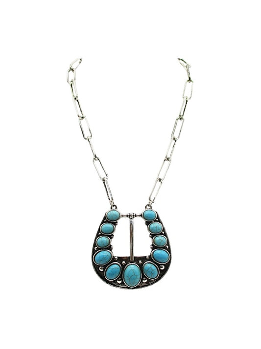 Western Large Belt Buckle Turquoise Look Necklace