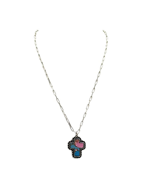 Western Cotton Candy Stone Cross Necklace
