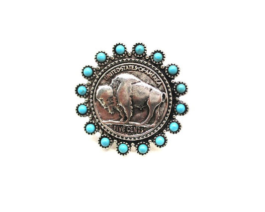 Western Turquoise Stone Buffalo Coin Cuff Ring