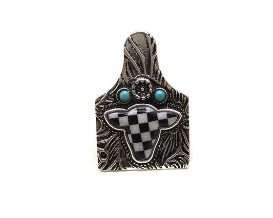 Western Cattle Tag Cow Head Checker Cuff Ring