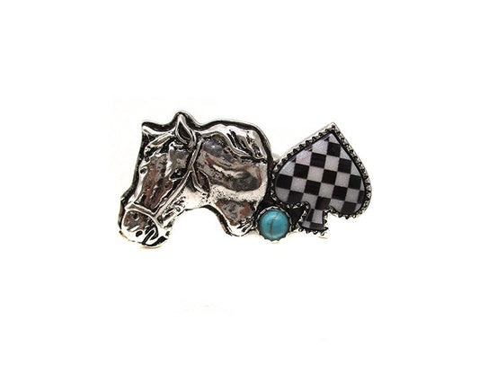 Western Horse Head Spade Checker Cuff Ring