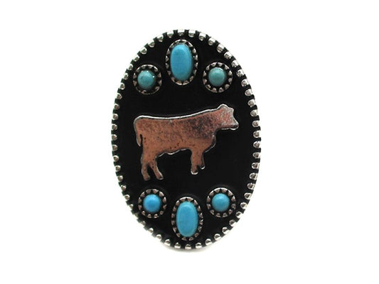 Western Oval Cow Silhouette Turquoise Cuff Ring