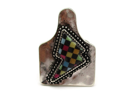 Rainbow Checkered Thunderbolt Cuff Ring