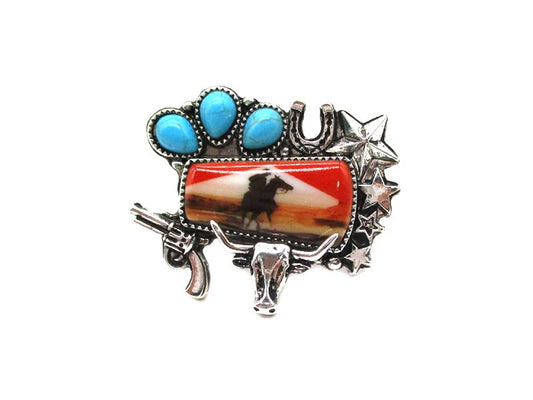 Western Cowboy Portrait Turquoise Cuff Ring