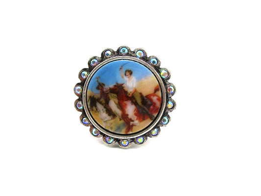 Western Round AB Stone Portrait Cuff Ring