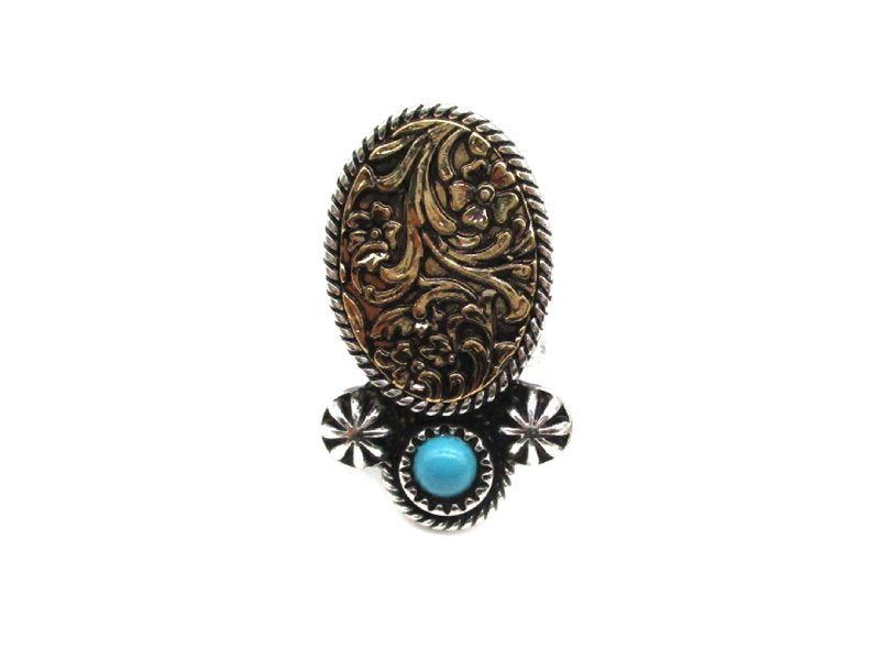 Western Two Tone Engraved Oval Turquoise Cuff Ring