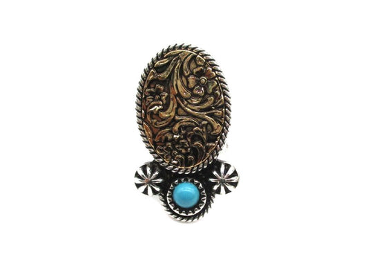 Western Two Tone Engraved Oval Turquoise Cuff Ring