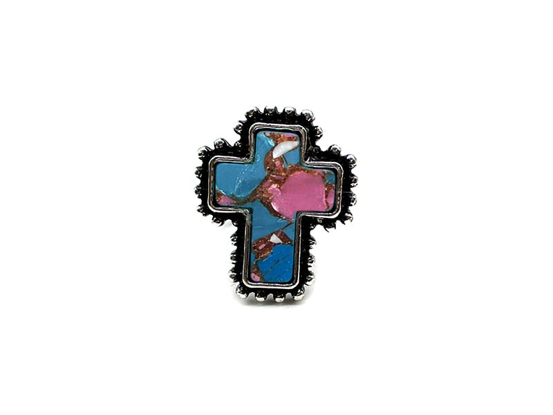 Western Cotton Candy Stone Cross Cuff Ring