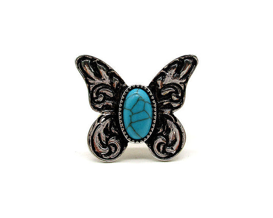 Western Butterfly Engraved Turquoise Stretch Ring