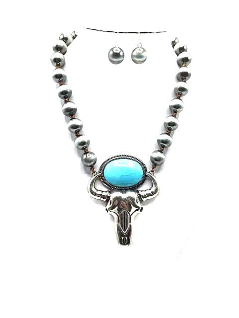 Western Turquoise Steer Head Pearl Necklace