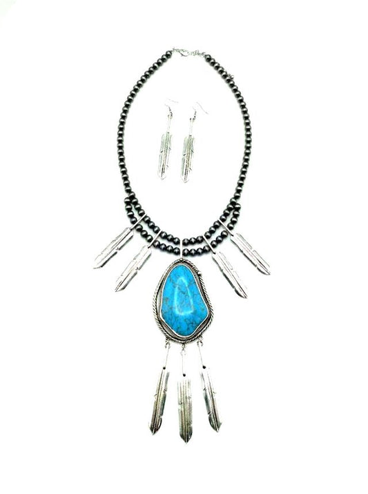 Western Feather Turquoise Stone Necklace Set