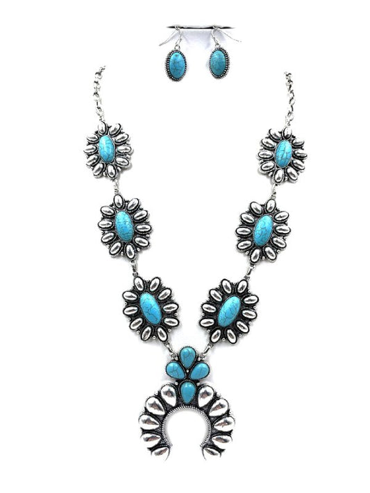 Western Squash Blossom Turquoise Metal Necklace
