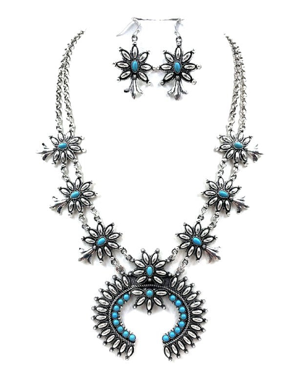 Western Squash Blossom Turquoise Metal Necklace