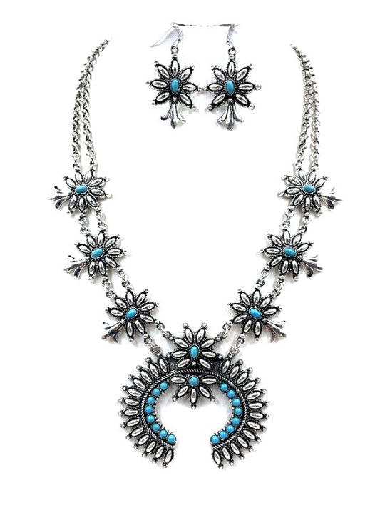 Western Squash Blossom Turquoise Metal Necklace