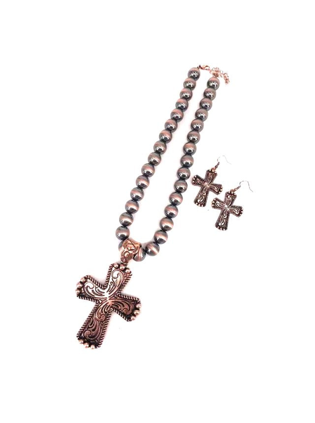 Western Large Etched Cross Navajo Pearl Necklace Set