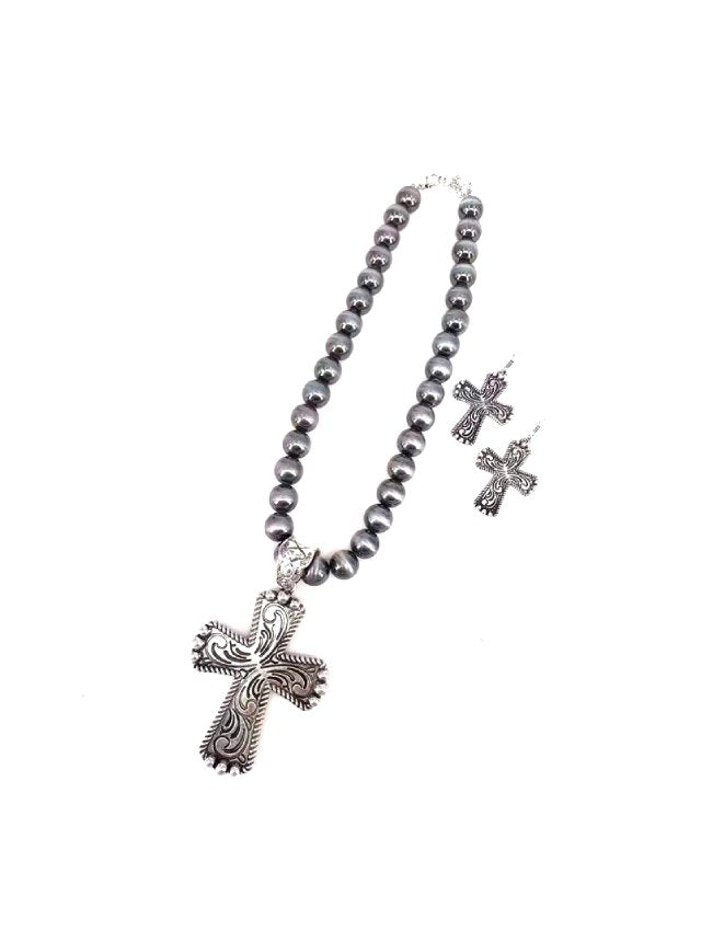 Western Large Etched Cross Navajo Pearl Necklace Set