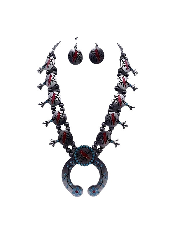 Western Cardinal Squash Blossom Necklace Set