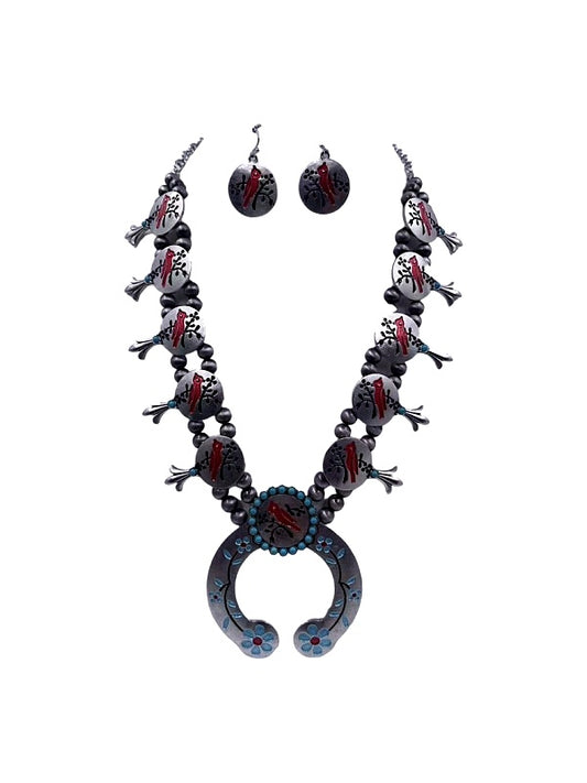 Western Cardinal Squash Blossom Necklace Set