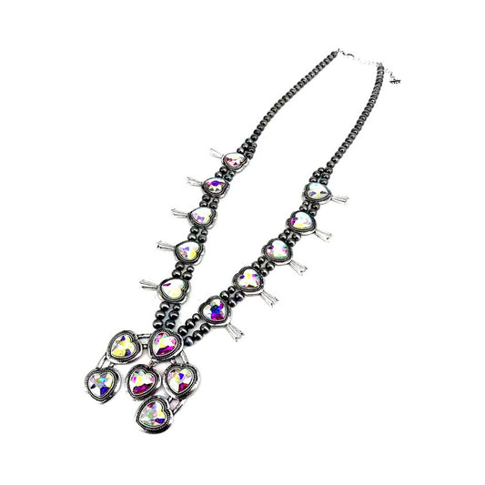 Western Turquoise Heart Naja Squash Blossom Necklace - AB