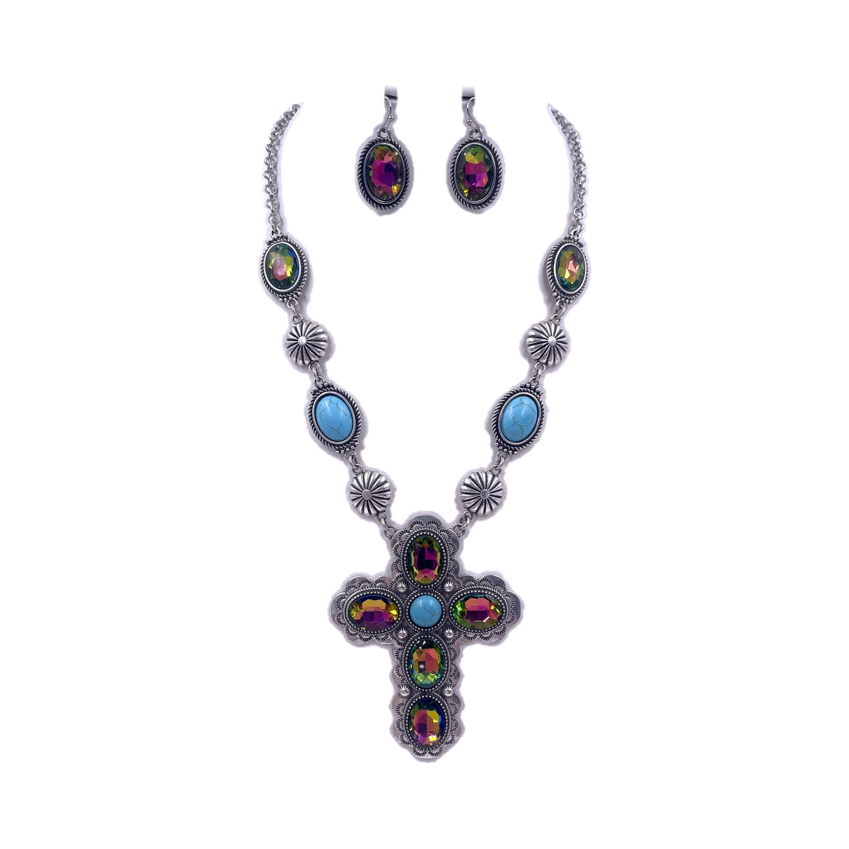 Western Crystal Turquoise Cross Necklace Set