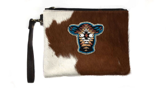Western Seed Bead Cow head Patch Cowhide Clutch
