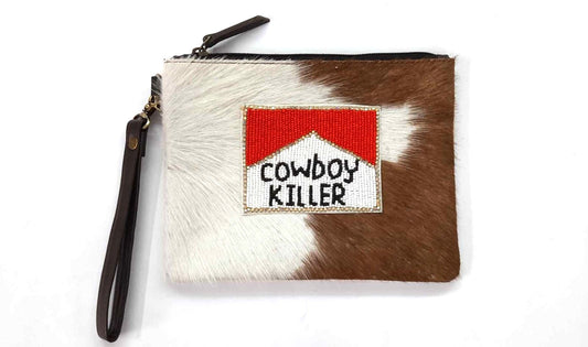 Western Seed Bead Cowboy Killer Patch Cowhide Clutch