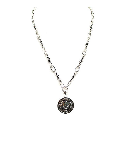 Western Buffalo Coin Barbed Wire Necklace