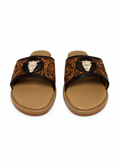 Western Hand Tooled Steer Head Cut Sandals