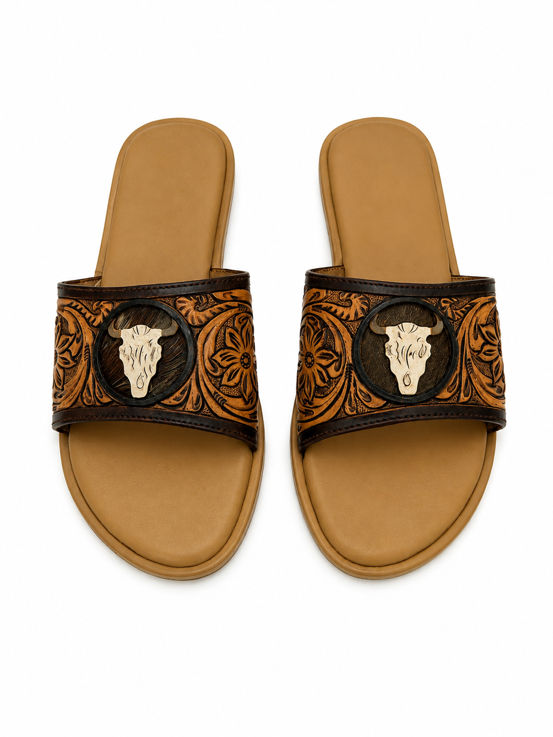 Western Hand Tooled Steer Head Cut Sandals