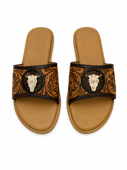 Western Hand Tooled Steer Head Cut Sandals