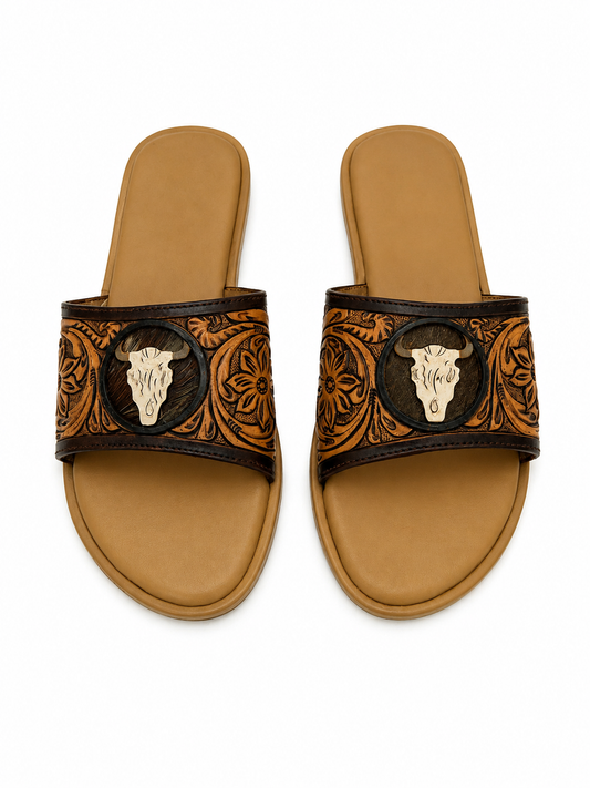 Western Hand Tooled Steer Head Cut Sandals