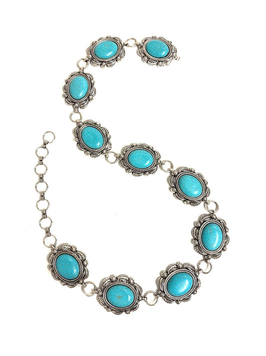 Western Turquoise Stone Concho Chain Belt - L