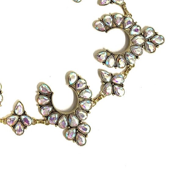 Western Crystal Gold Squash Blossom Chain Belt - L