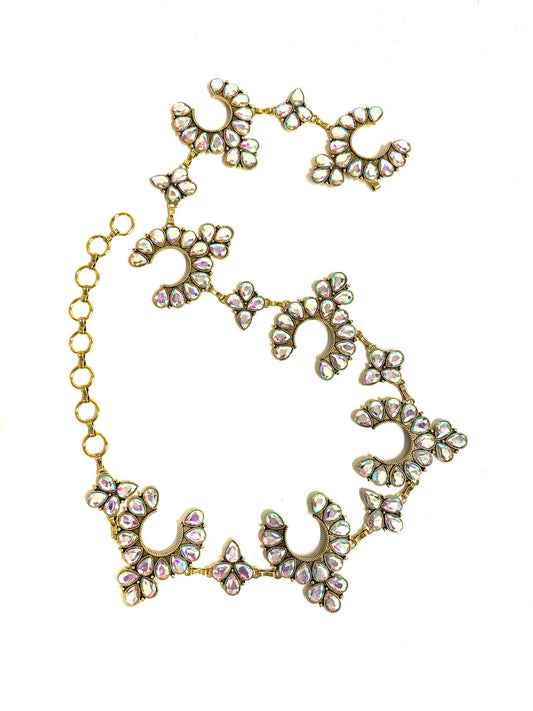 Western Crystal Gold Squash Blossom Chain Belt - L