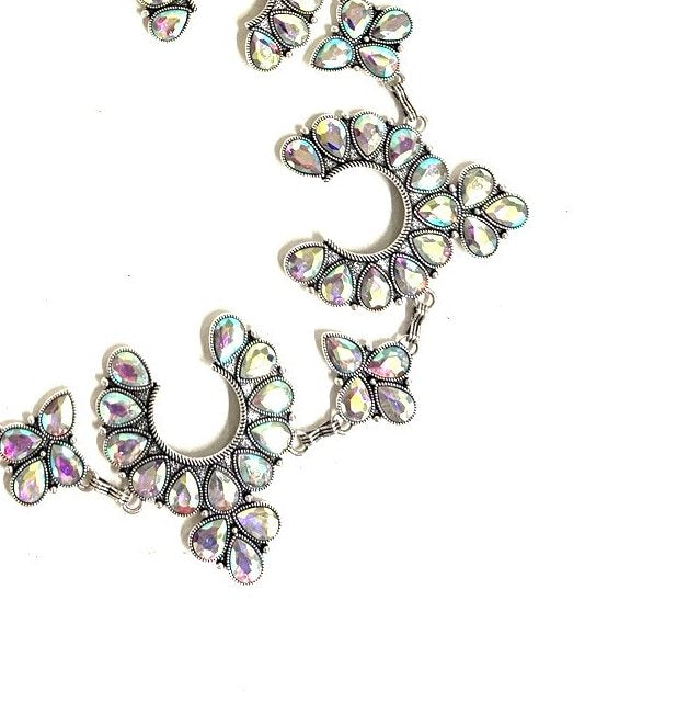 Western Crystal Silver Squash Blossom Chain Belt - L