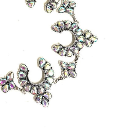 Western Crystal Silver Squash Blossom Chain Belt - L