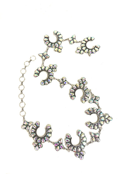 Western Crystal Silver Squash Blossom Chain Belt - L