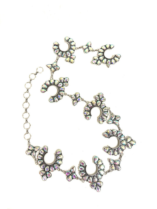 Western Crystal Silver Squash Blossom Chain Belt - L
