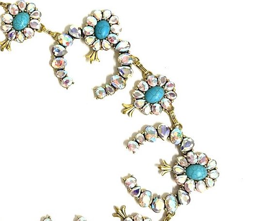 Western Crystal Gold Squash Blossom Chain Belt - L