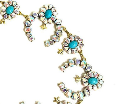 Western Crystal Gold Squash Blossom Chain Belt - L