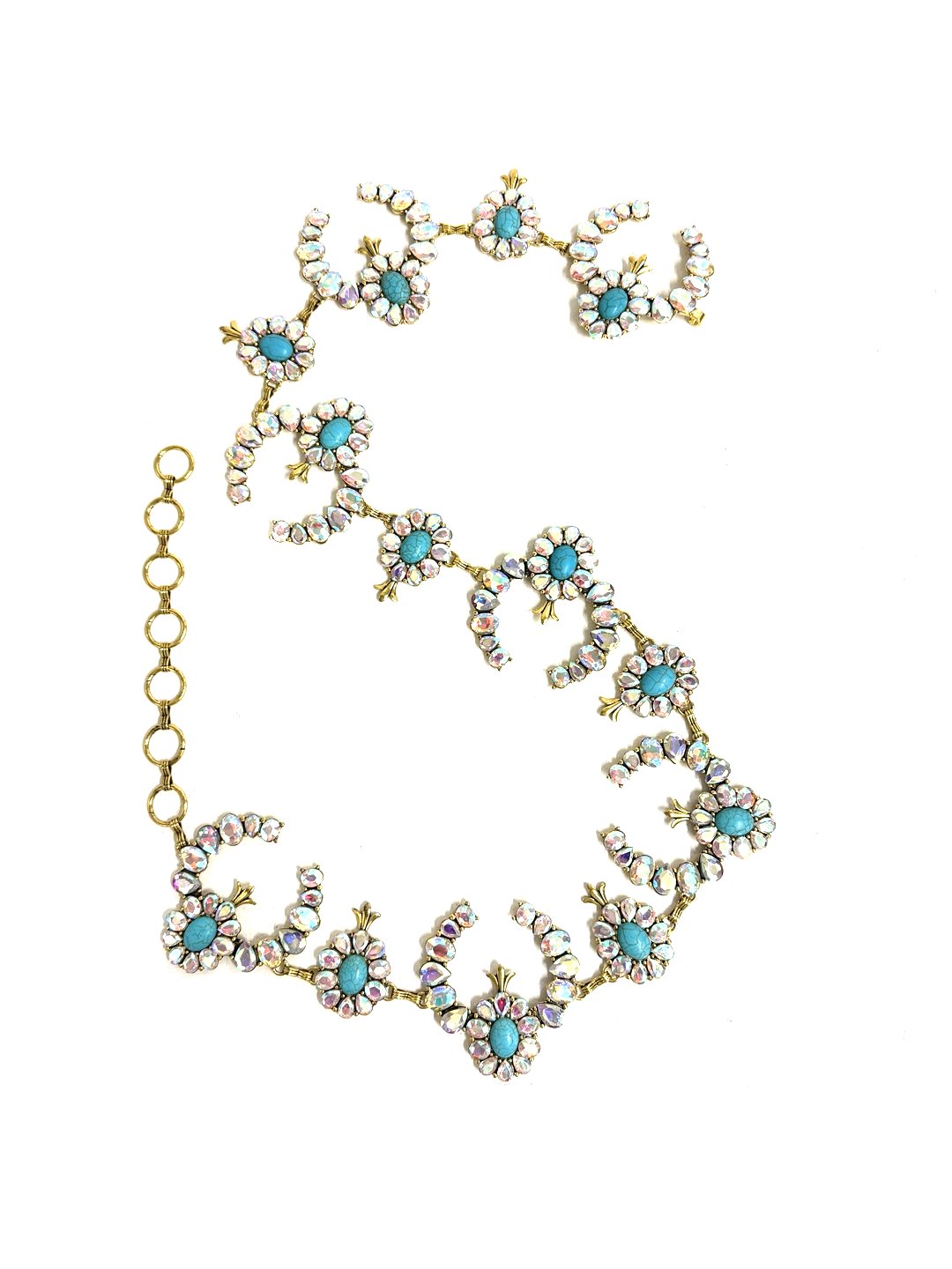 Western Crystal Gold Squash Blossom Chain Belt - L