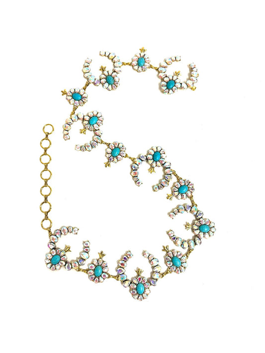 Western Crystal Gold Squash Blossom Chain Belt - L