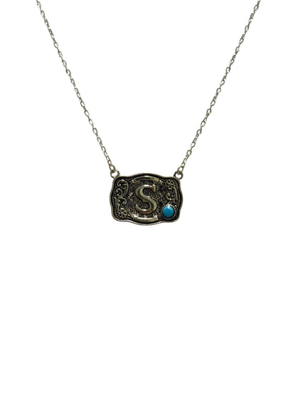 925 Sterling Silver Belt Buckle Initial Necklace