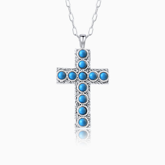 Western Sterling Silver Plated Cross Necklace with Genuine Kingman Turquoise