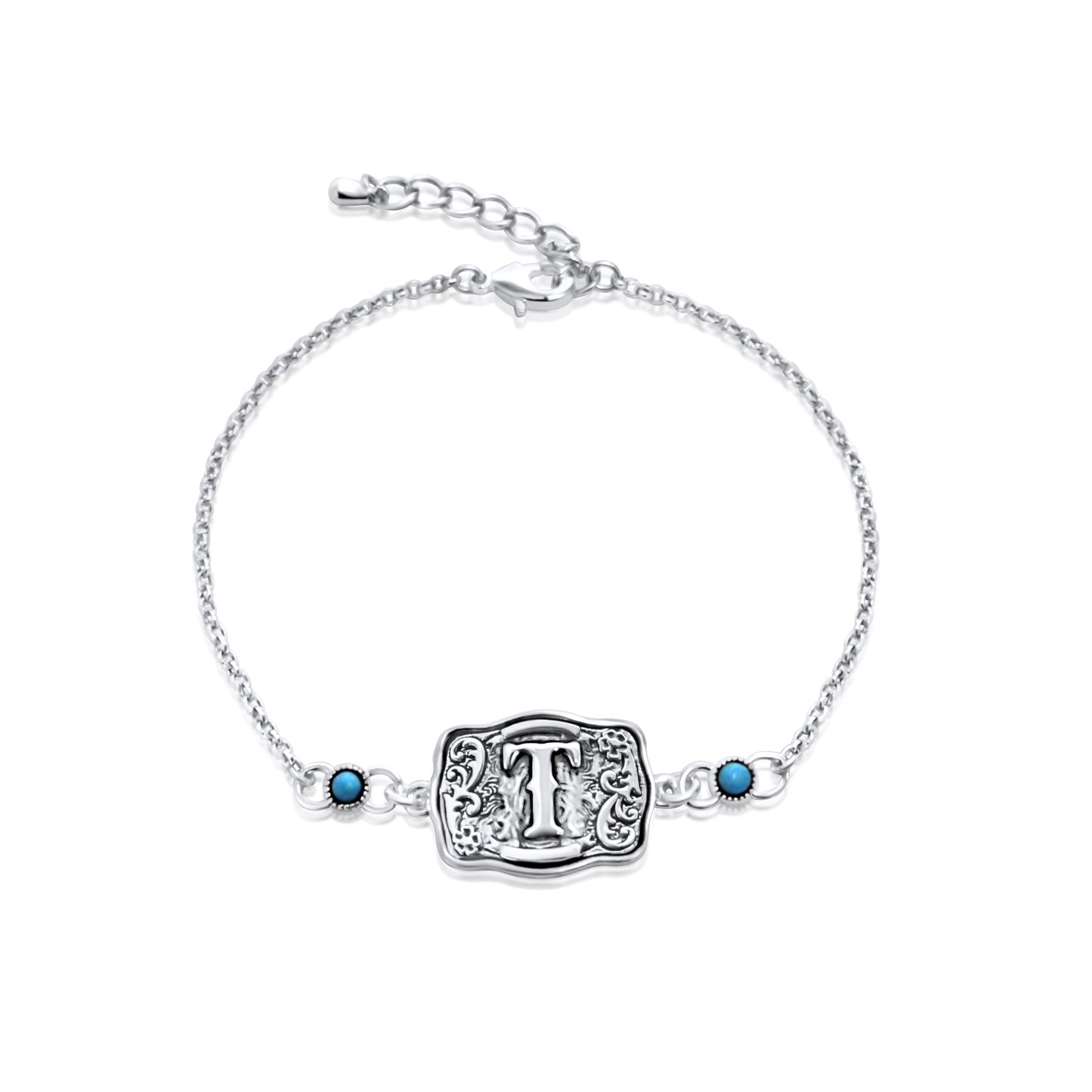 Sterling Silver Western Belt Buckle Initial Bracelet with Genuine Kingman Turquoise
